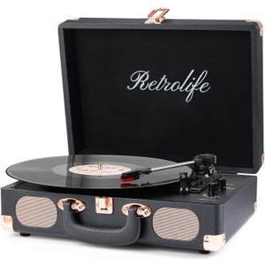 Record Player Wireless Portable Suitcase Vinyl Player with Built-in Speakers Retro Style Record Player for Vinyl Records 3-Speed RCA Line Out AUX in Vintage Turntable Upgrade Black