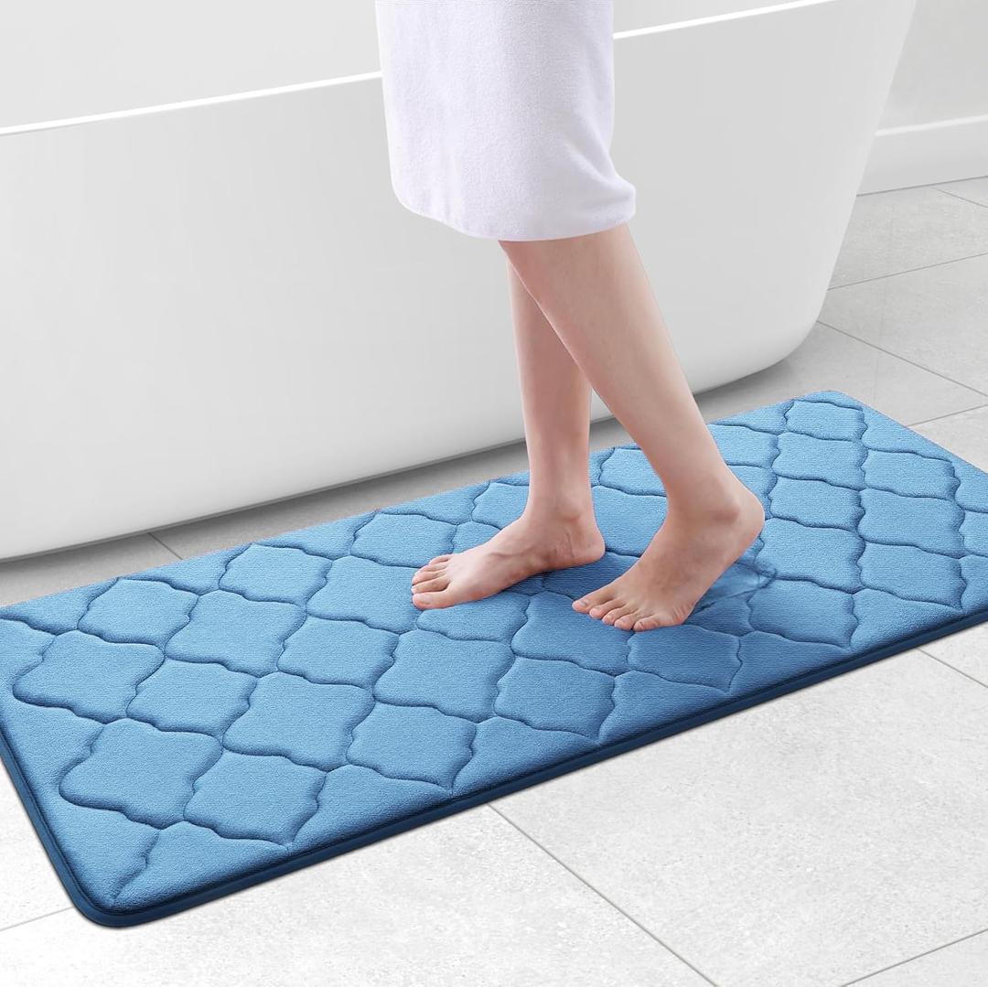 OLANLY Memory Foam Bath Mat Rug 47x20, Ultra Soft and Absorbent Bathroom Rugs, Non-Slip, Comfortable, Machine Washable Bath Carpet for Bathroom Floor, Tub, Shower and Home Decor Accessories, Blue