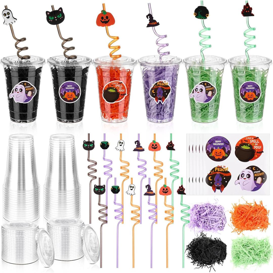 100 Pcs Halloween Party Favors Gift Cups Filler for Student, Trick or Treat Plastic Cups with Lid Silly Straw and Raffia for Classroom Gift Halloween Party Goodie Bag Decoration(Classic,Black)