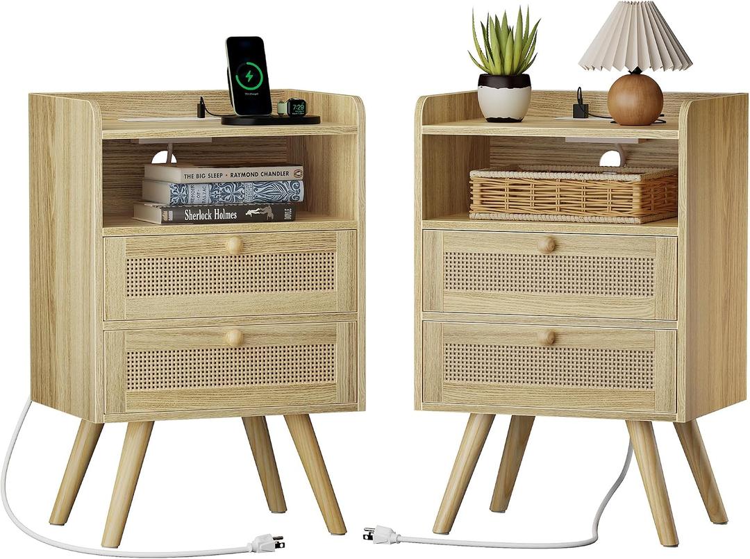 SUPERJARE Night Stand with Charger Station, Boho Rattan Nightstand Set of 2, Size: 11.8"D x 15.8"W x 25.2"H (2 Drawers)