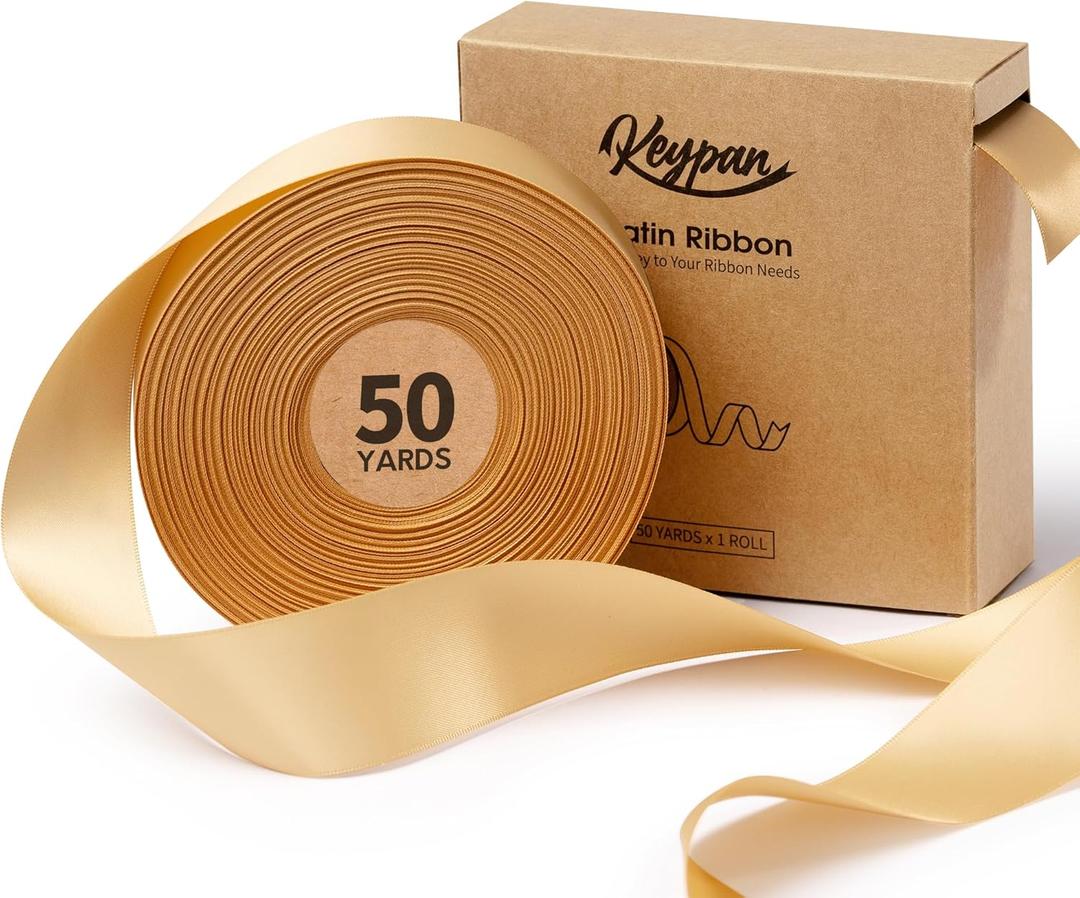 Keypan Champagne Satin Ribbon 1-1/2 Inch 50 Yards Double-Faced Polyester Ribbons for Hair Bows Gift Wrapping Crafts Floral Bouquet Wedding Invitations