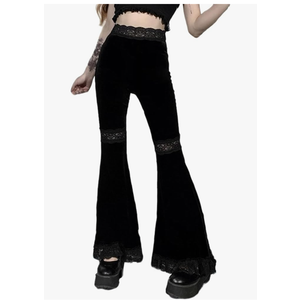 Goth Bell Bottom Pants for Women Punk Flare Stretch Y2k Emo 70s Black (L)