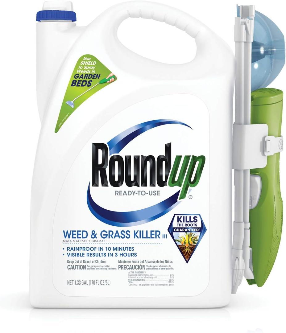Roundup Ready-to-Use Weed & Grass Killer III - with Sure Shot Wand, Use in & Around Vegetable Gardens, Tree Rings, Flower Beds, Patios & More, Kills to The Root, 1.33 gal.