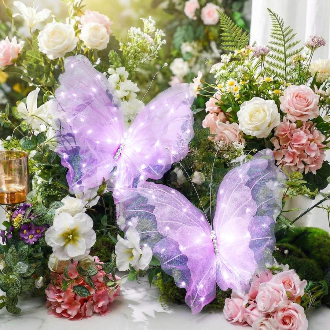 Yinkin 2 Pcs 20 Inch Large LED Butterfly Decorations Mariposas Grandes para Decoracion Giant Light up 3D Butterflies for Wedding Birthday Party Baby Shower Decor(Purple)