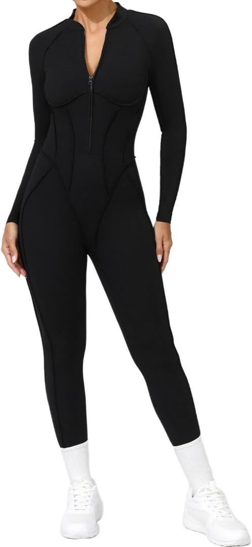 Jumpsuits for Women Workout Backless Zipper Bodysuit Long Sleeve Gym Yoga Leggings One Piece Romper (Medium, Black)