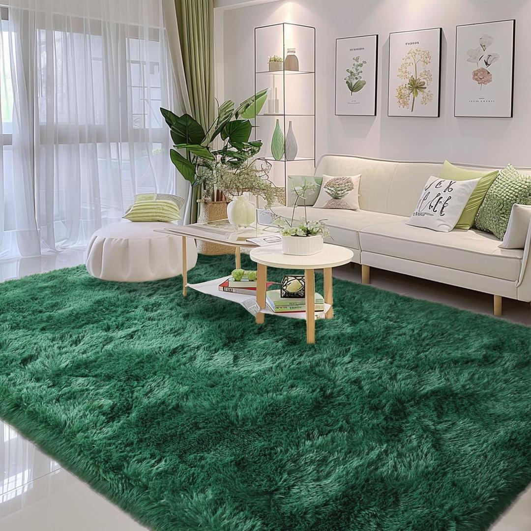 Awaytail Fluffy Rug Non Slip 6x9 Feet, Black Green Large Rugs for Living Room Floor Moss Emerald Shaggy Carpet for Bedroom, Blackish Green