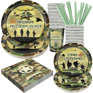 Army Birthday Party Supplies Decorations, Camo Theme Birthday Paper Plates and Napkins Set with Cups and Straws for 24 Guests, 120 Pcs Disposable Party Dessert Dinnerwares