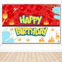 Happy Birthday Cartoon Backdrop, Large Anime Themed Photo Banner, Red, White, Blue & Yellow, Polyester, 100x150cm/39.4x59in, Birthday Party Decoration Supplies