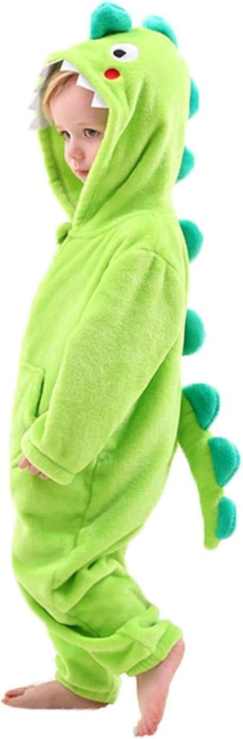 LOLANTA Boys' Girls' Dinosaur Shark Costume Flannel Jumpsuits Soft Animal One Piece for Kids Holiday Birthday (6-7 Years, Green)