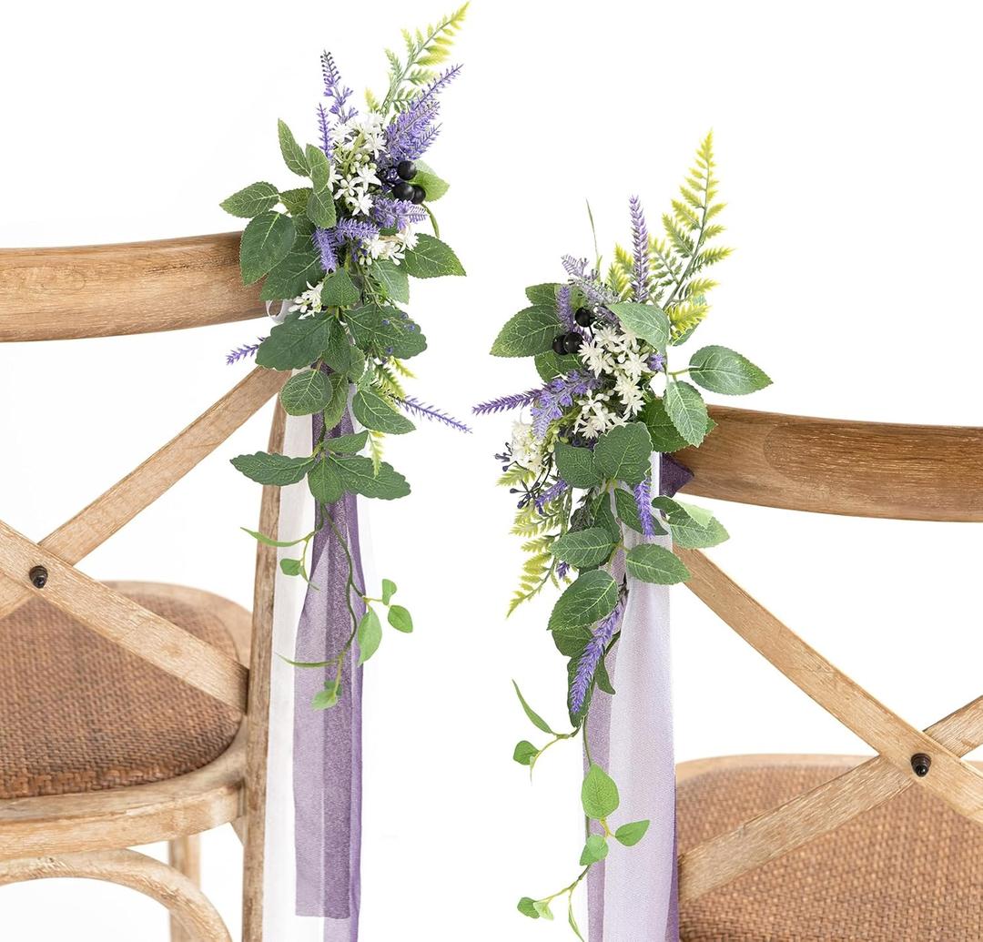 Ling's moment 8pcs Wedding Artificial Aisle Pew Flowers Chair Decorations Arrangements with Chiffon Ribbons Lavender Purple for Ceremony Chair Back Floral Decor Reception Church Party Outdoor (Pr-french Lavender & Plum)