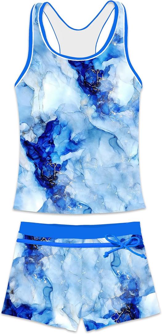 Little Girls' Summer Swimwear Two Piece Boyshort Tankini Kids Swimsuit (12-13 Years, Dream Blue)