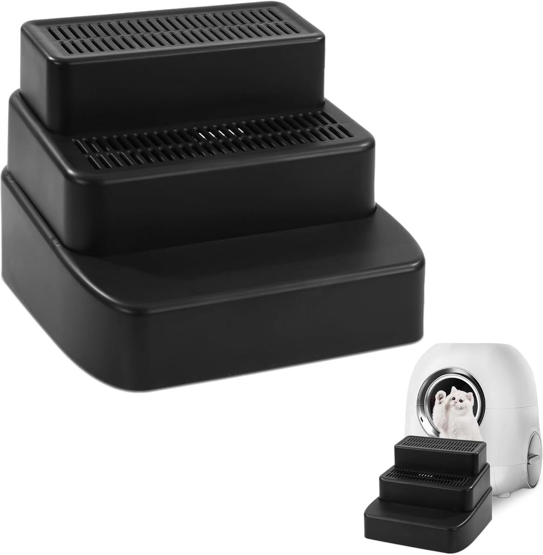BALAPET Adjustable 3 Steps Litter Box Ramp with Filter Function, Detachable Litter Trapper, Easy Clean Cat Litter Stair for Small & Elderly Cats(Black)