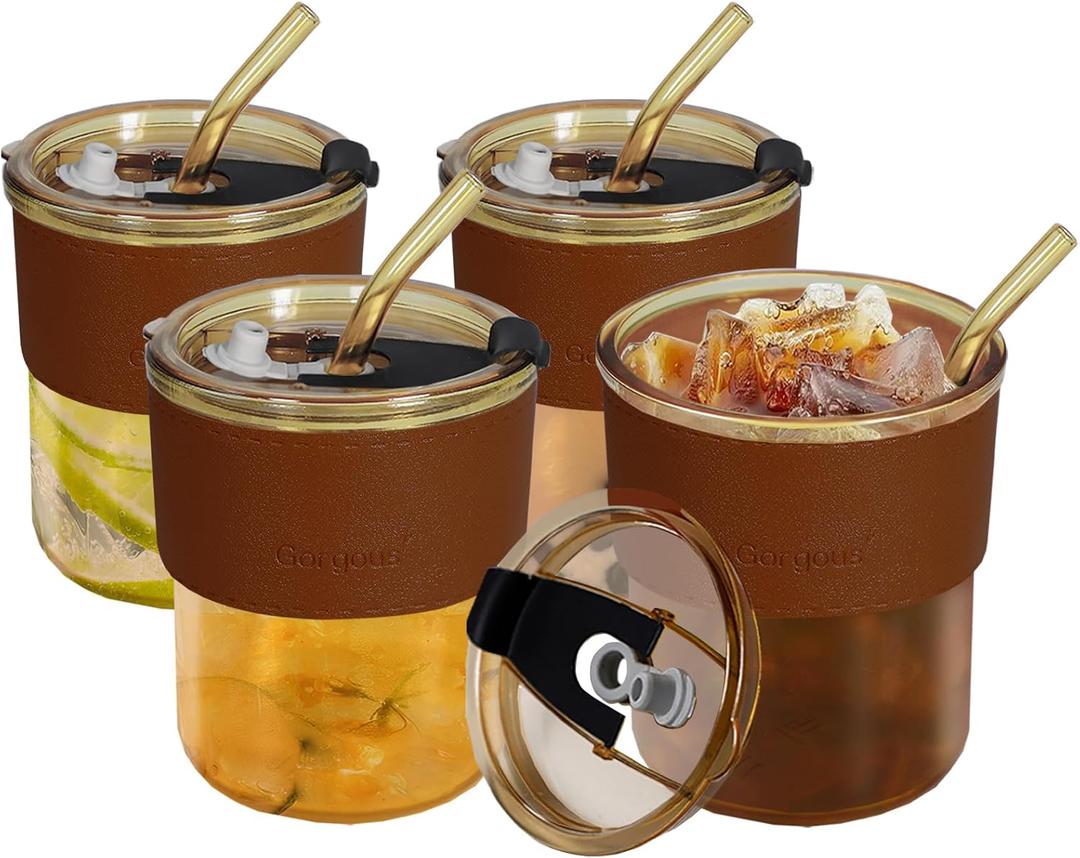 13oz Glass Tumbler with Lid and Straw Set of 4, Reusable Thickened Drinking Glasses for Iced Coffee, Tea, Leakproof & Insulated Cups, Amber