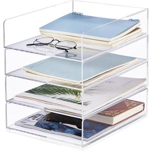 Harloon 4 Tier Paper Organizer Letter Tray Acrylic Desk File Organizer Stackable Documents Letter Clear Paper Holder Sorter Office Tray for A4, Modern Office Classroom Home File Pad Books Notes (12 x 9.3 x 2.7 Inches, Transparent)