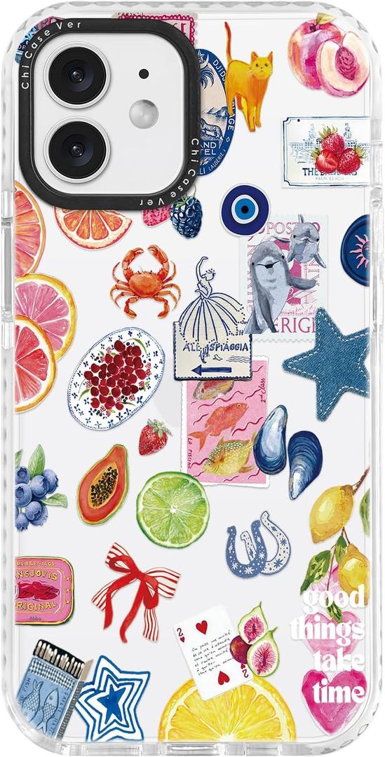 for iPhone 12 Case, Coastal Fruit Collage Pattern with Lucky Charms, Military-Grade Drop Protection, Boho Y2K Soft Slim TPU Protective & Camera Protection for Women Girls (BuleArtCut)