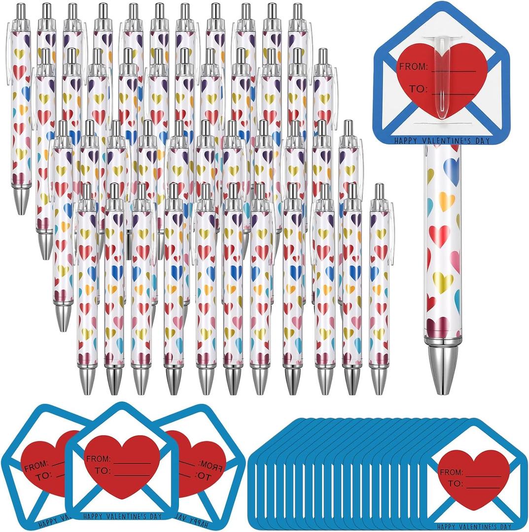 48 Sets Valentine's Day Pens Gift Bulk for Coworkers Employees, Heart Print Ballpoint Pens with Happy Valentine's Day from to Exchange Cards for Office School Classroom Party Adult Kid Teacher