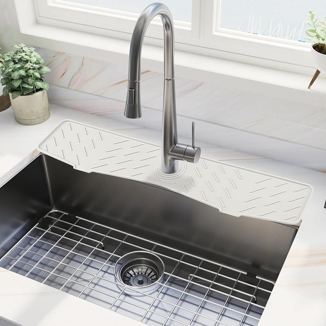 Meiliweser Faucet Mat for Kitchen Sink  24 x 5.1 Extra-Long Silicone Splash Guard with 10 Slope & Upgraded Drainage  Gen 3 Sink Water Catcher & Sponge Holder for Kitchen, Bathroom (White)