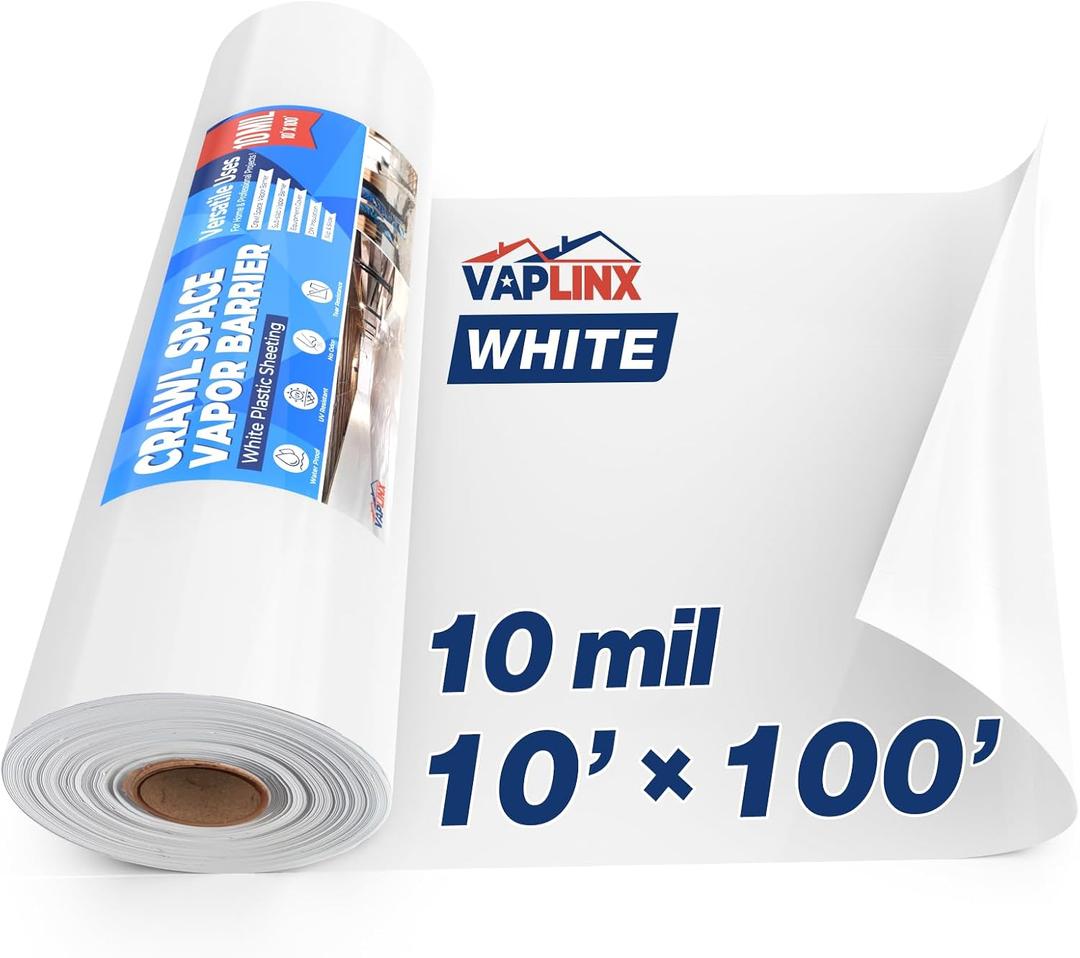 White Crawl Space Vapor Barrier, 10 Mil Vapor Barrier, 10' x 100', Heavy Duty Polyethylene Film, Thick Plastic Sheeting, Plastic Drop Cloth Covering for Crawlspace, Basement, White