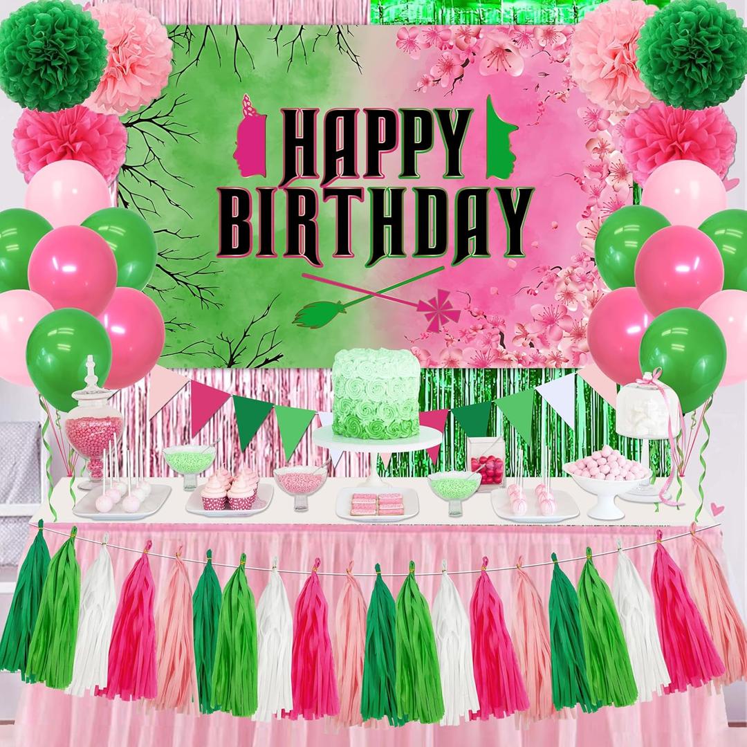 Pink and Green Party Decorations Happy Birthday Backdrop 44Pcs Kit Pink Green Balloons Paper Pom Poms Fringe Curtain Tassel Garland Girls Halloween Birthday Party Favors