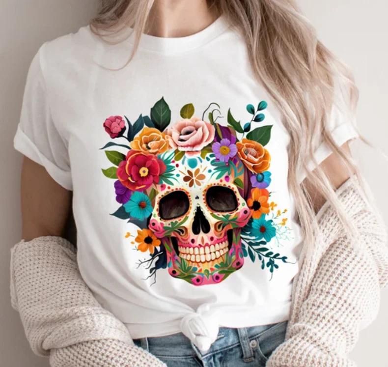 Sugar Skull Tshirt, Dia De Los Muertos T-Shirt, Day Of The Dead, Mexican Halloween  (Medium, White)