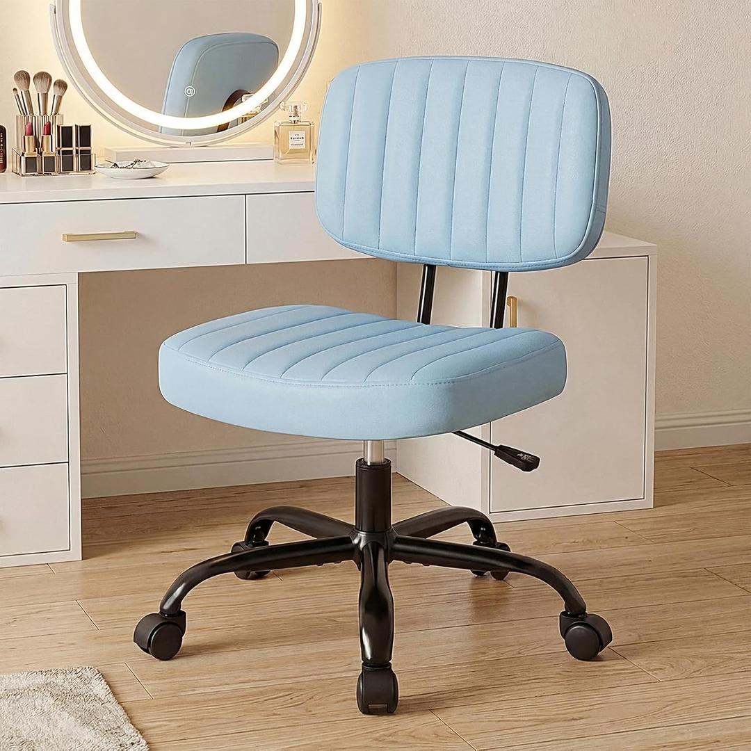 DUMOS Armless Home Office Executive Chair - Small Desk Chair with Low Back Lumbar Support, Height Adjustable PU Leather Computer Task Chair with 360 Swivel Wheels, for Adults, Blue