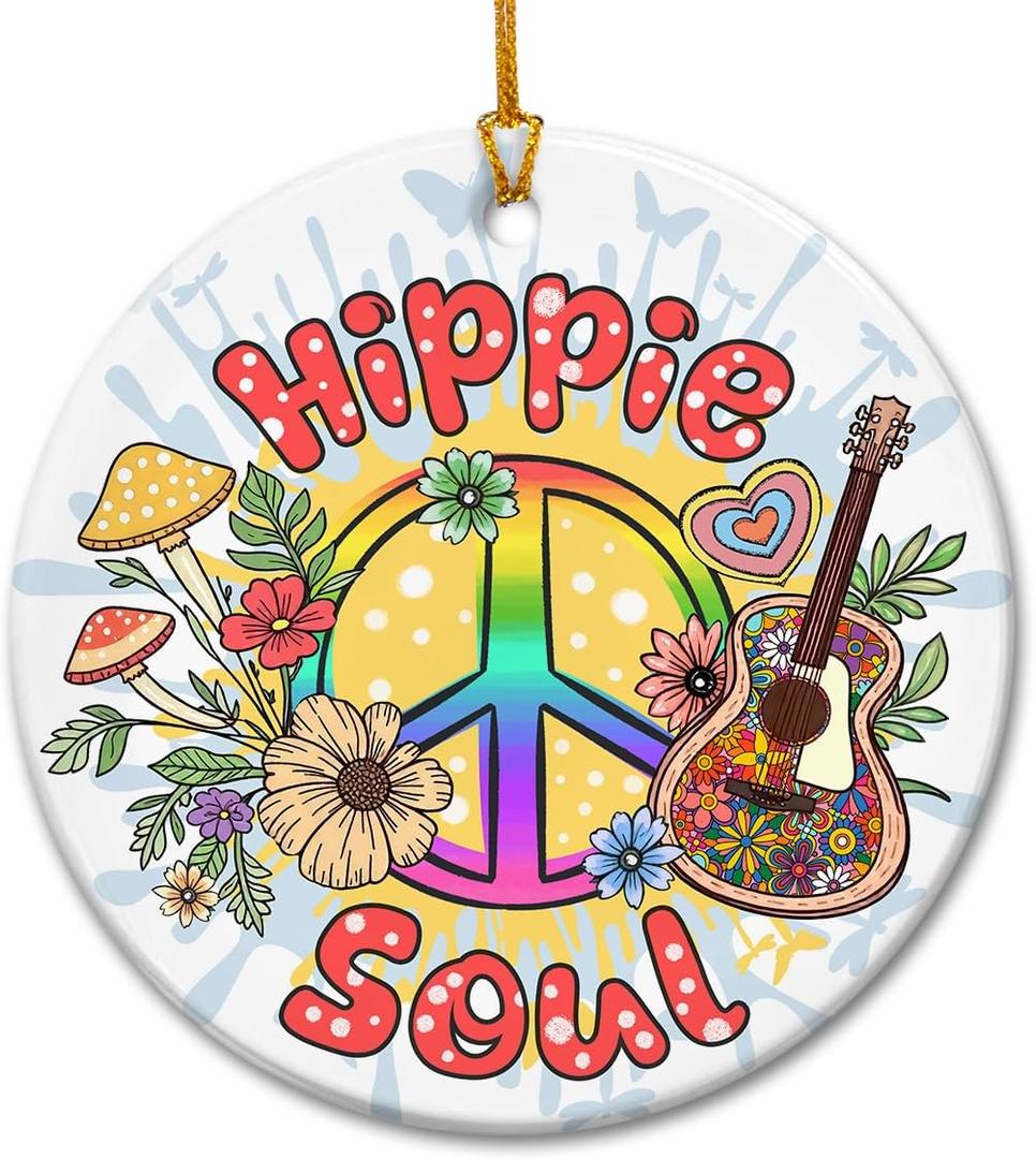 10 x Hippie Christmas Ornaments 2025, Hippie Gifts for Women, Men, Friends, Family - Peace Sign Ornaments for Tree Decorations, Ceramic Boho Christmas Ornaments - Boho Xmas Party Favors