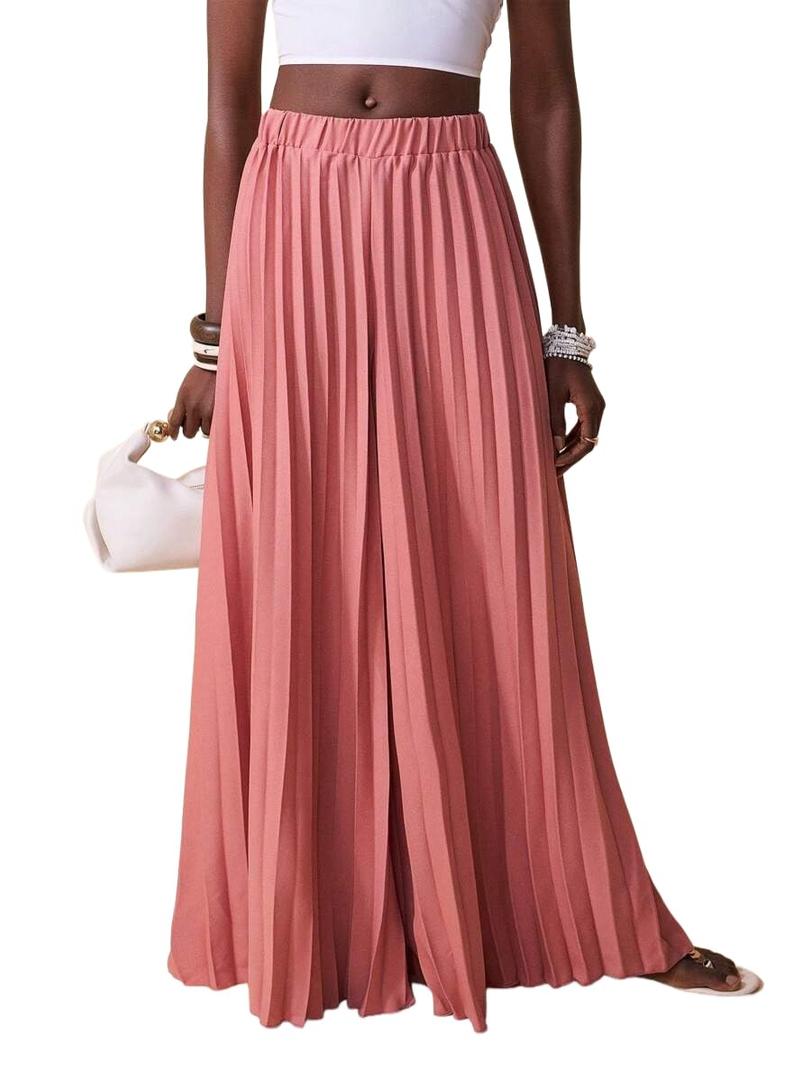 QJQ Women's Elegant Flowy Palazzo Wide Leg Pants Elastic High Waisted Loose Dressy Pleated Trousers Pink X-Small