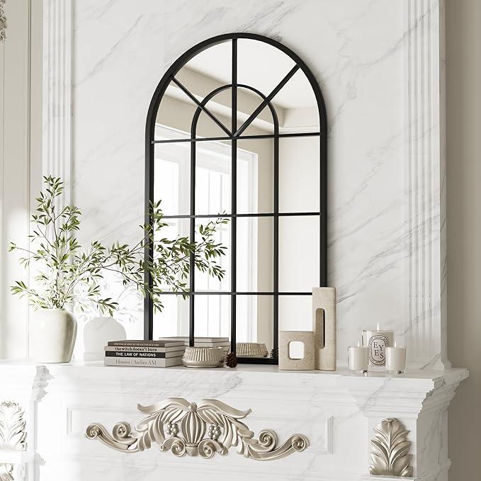 Arch Wall Mirror Mounted Decorative, 24"x42", Arched Window Pane Mirror for Wall-Mounted for Entryway, Bathroom Vanity, Living Room or Bedroom, Iron Frame, Black