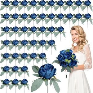 50Pcs Artificial Peonies Flowers Bulk, 4 Navy Blue Fake Peonies Silk Flowers Heads for Table, Faux Peony Arrangements for Wedding, Valentine, Engagement, Office, Coffee, Dining Decorations