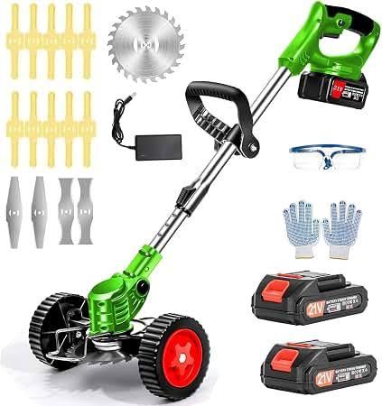 Electric Weed Wacker Cordless with Wheels, 2pcs Batteries&4 Types Blades,Lightweight, Low Noise 21V Battery Powered Weed Wacker, 3-in-1 Grass Trimmer/Brush Cutter/Edger, for Thick Weeds&Yard Garden