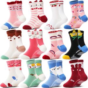 Welwoos Baby Girls Toddlers Grips Socks 12 Pairs Kids Anti Slip Non Skid Animal Funny Cartoon Crew Breathable Cotton Socks (9-14 Years, Red/Pink/Blue/Green/White/Black)