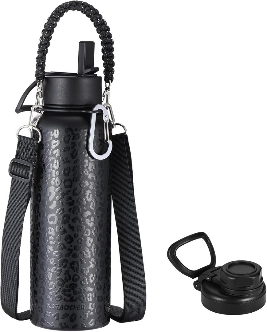 KXIAOCHEN Insulated Water Bottle, Stainless Steel Water Bottle, 2 Lids (Straw and Handle Lid),Wide Mouth Metal Water Bottles Keep Hot and Cold, Double Walled, Thermo Mug, Metal Canteen (32 Ounces, Black Leopard)
