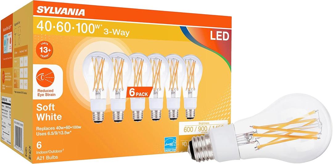 Sylvania Reduced Eye Strain A21 LED Light Bulb, 3-Way 40W / 60W / 100W, 13 Year, Dimmable, Clear, 2700K, Soft White - 6 Pack (41231)
