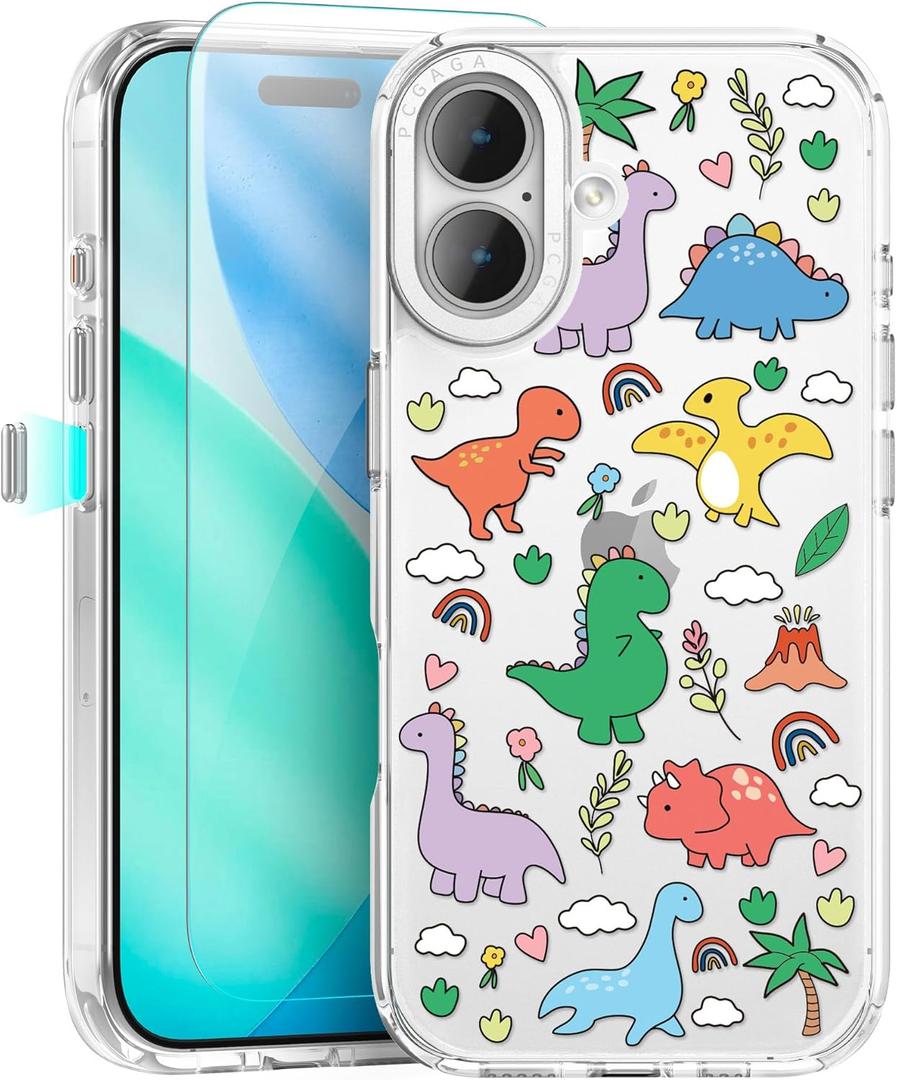 pcgaga Aesthetic Phone Case for iPhone 17 6.3" with Embossed Patterned Hard Clear Back Cover,Slim TPU Bumper,Camera Frame -360Shockproof Full Protection, Dinosaur