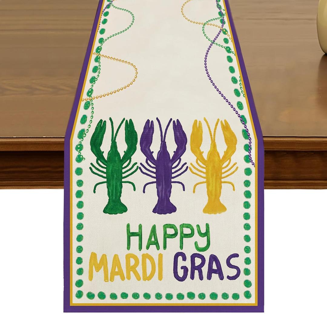 Happy Mardi Gras Crayfish Table Runner 13x72 Inch Seasonal Holiday Carnival Beads Kitchen Dining Table Decor for Indoor Outdoor Farmhouse Home Party Decoration ZQ159