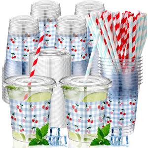 Jingmore 50 Pcs Cherry Plaid Party Disposable Plastic Cups 12 oz with Lids Straws Themed Party Supplies Plastic Tumbler for Birthday Table Decorations Favors(Red and Blue)