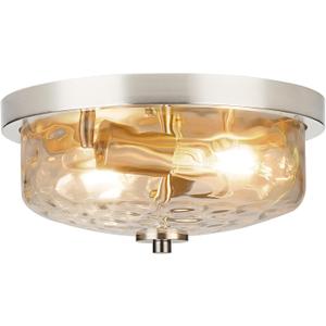 Brushed Nickel Flush Mount Light, Kitchen Ceiling Fixture with Water Ripple Glass Shade, 2-Light Outdoor Porch Flush Mounts for Hallway, Foyer, Entryway, Bathroom