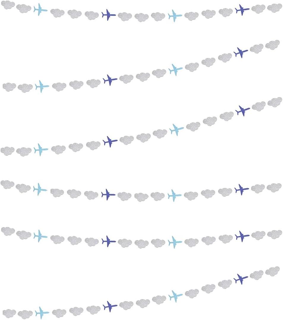 Lauthen.S Airplane Clouds Garland, 6pcs Glitter Plane Paper Garland Decorations for Birthday Backdrop Aviation Airplane Themed Baby Shower Party Supplies Classroom Home Decor