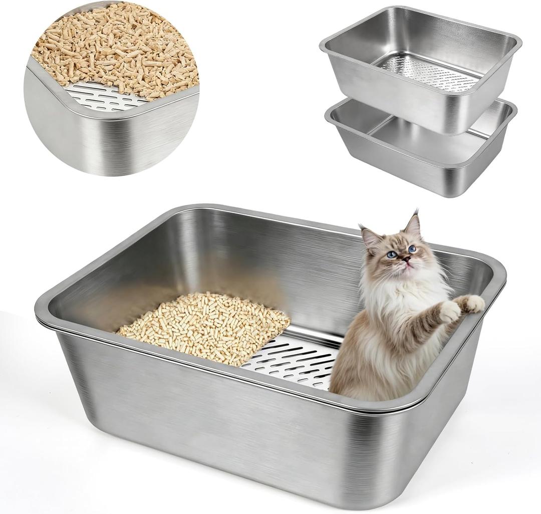 Stainless Steel Sifting Litter Box with Sifter for Pine Pellets | Metal Cat Sifting Litter Box,High Side to Prevent Litter Tracking for Big Cat Multi Cats,Anti-Urine Leakage,Easy Cleaning