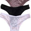 MakeMeChic Women's 3 Pack Floral Lace Panties Underpants Plain Sheer Thongs Underwear White Black Purple, Large
