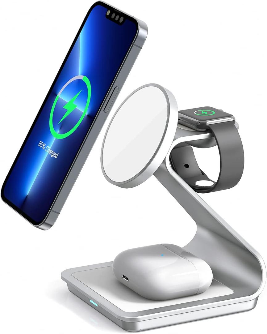 3 in 1 Wireless Charger for MagSafe, Aluminum Alloy Wireless Charging Station, Compatible with iPhone 14/13/12, Apple Watch, AirPods Pro/3/2 (Cable and Wall Charger Included) Silver