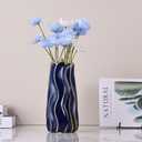 7.5" Blue Ceramic Vase - Minimalist Blue and Gold Flower Vase, Blue Decor Small Pampas Grass Vase, Boho Decorative Centerpiece Vase for Home Decor, Table, Shelf, Mantel, and Entryway