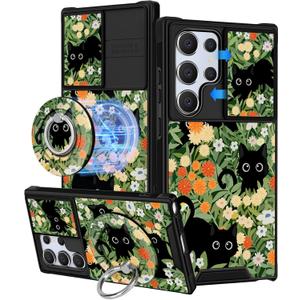 Buleens for Samsung Galaxy S25 Ultra Case - with Ring Stand & Camera Cover Aesthetic Cute Designed for Women Girls Girly Kawaii Cats Floral for Samsung S25 Ultra Phone Case Compatible with Magsafe