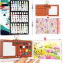 Mini Watercolor Paint Set, Watercolor Kit, Mini Watercolor Travel Set with Wooden 15-Grid Palette, 24 Colors Paint, 2 Brushes, Copper Clip & Sketchbook for Travel Painting (Pink)