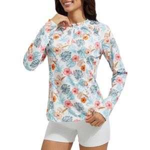 baleaf Women's 1/4 Zip Rash Guard Swim Shirts with Zipper Pocket UPF 50+ Long Sleeve Sun Protection Swimsuit Tops (Large, White Floral)
