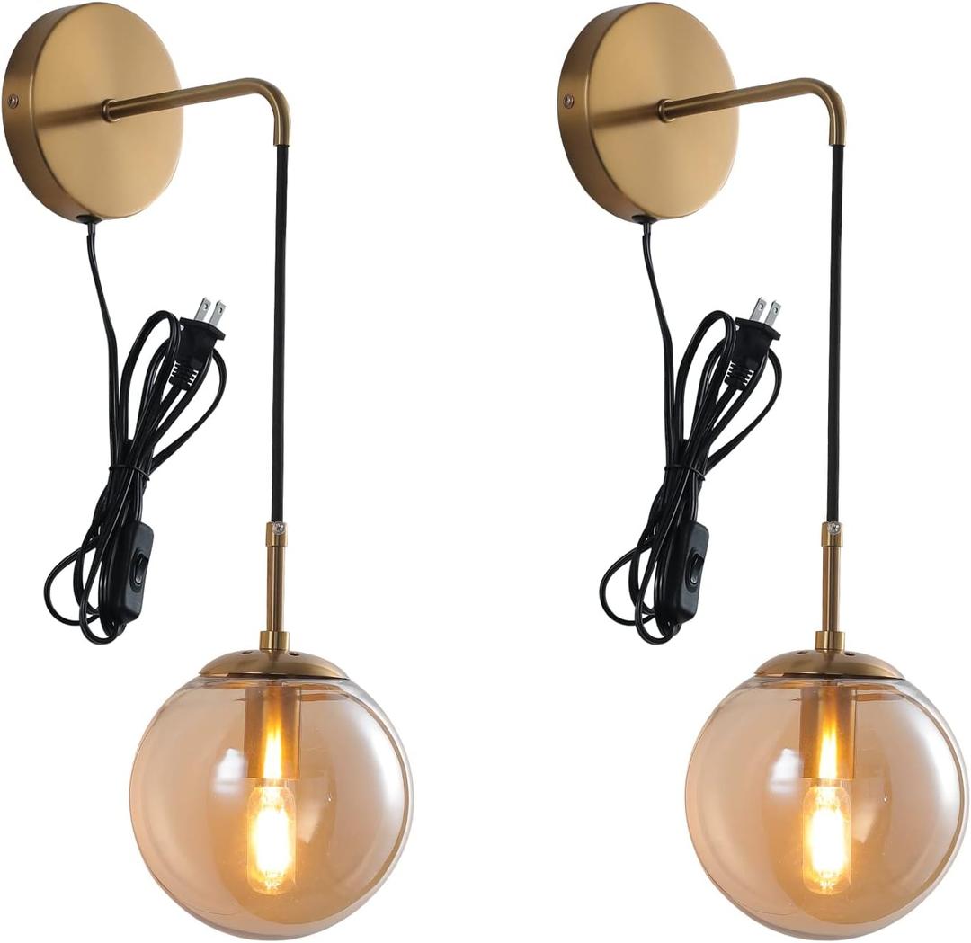 KUZZULL Wall Sconces Set of Two Plug in Wall Sconces with Globe Amber Glass Shade Wall Lamp with Cord Wall Sconce Plug in Brushed Brass Gold Sconces Set of 2 Wall Light Sconce