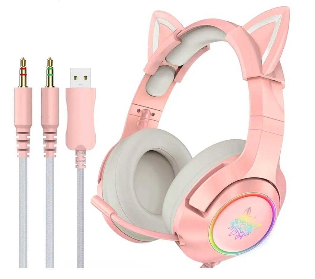 K9 3.5mm Wired Gaming Headset Removable Cat Ears Headphones Noise Canceling E-Sports Earphone with Microphone RGB LED Light Volume Control Mute Mic for Desktop PC