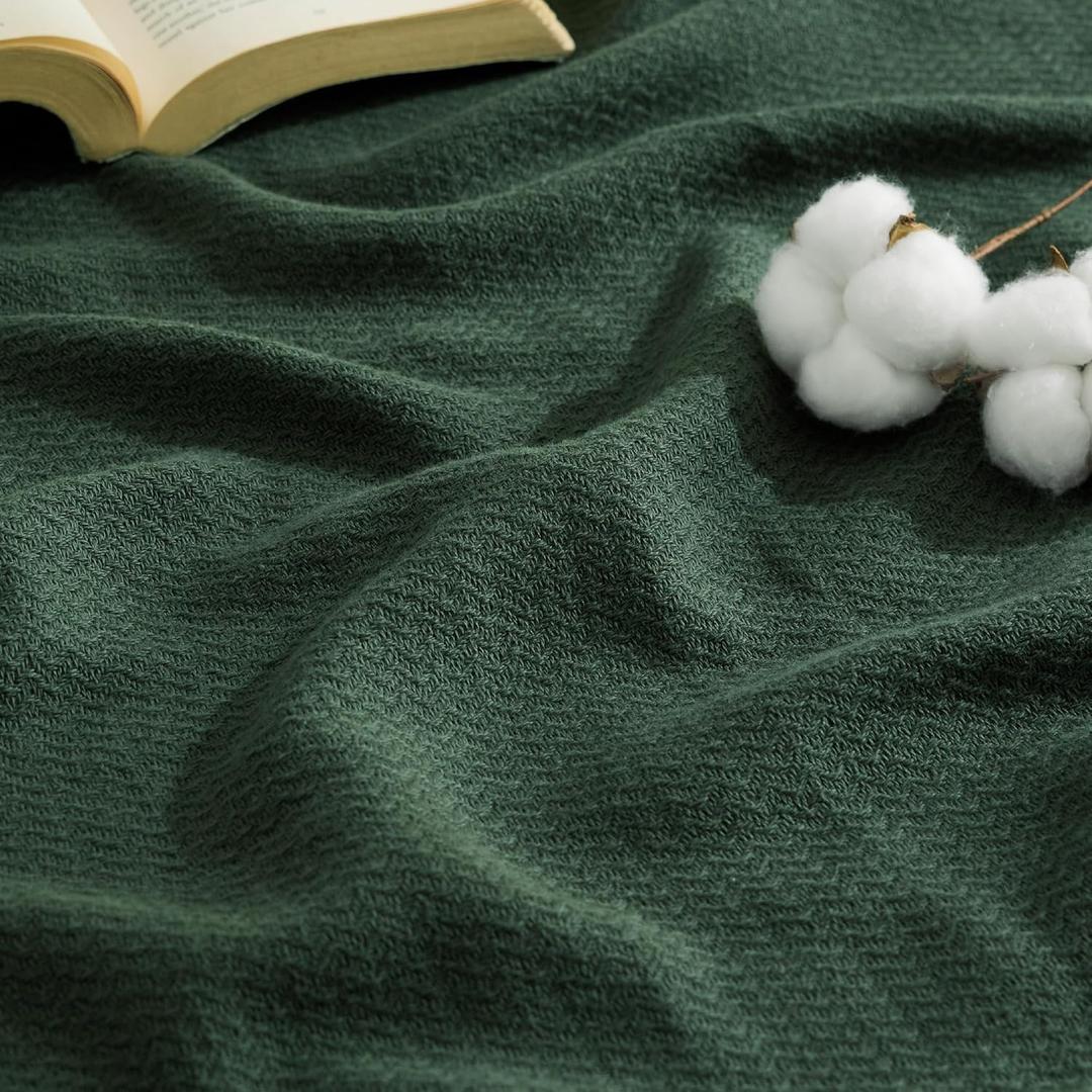 Bedsure GentleSoft 100% Cotton Blanket King Size for Bed - Breathable and Lightweight, Soft Cozy Textured Herringbone Woven Blanket for Summer, Dark Green, 108x90 inches