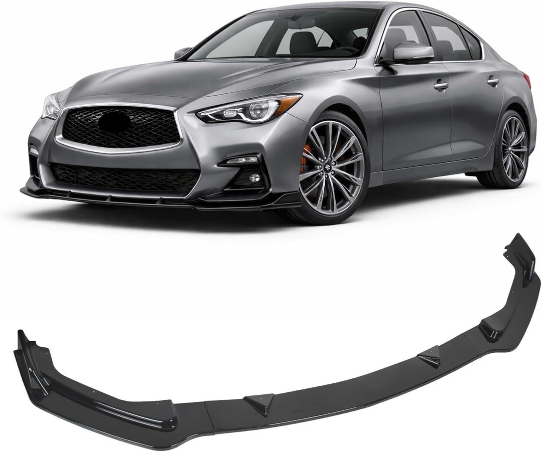 ECOTRIC Front Bumper Lip Chin Spoiler Splitter Compatible with 2014-2017 Infiniti Q50 Base Premium (3PCS) Gloss Black