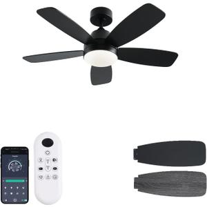 Ceiling Fans with Lights, 42 Inch Low Profile Ceiling Fan with Lights and Remote Control, LED Dimmable DC Reversible, 8 Speed, Noiseless, Modern Black Ceiling Fan for Bedroom, Indoor/Outdoor Use